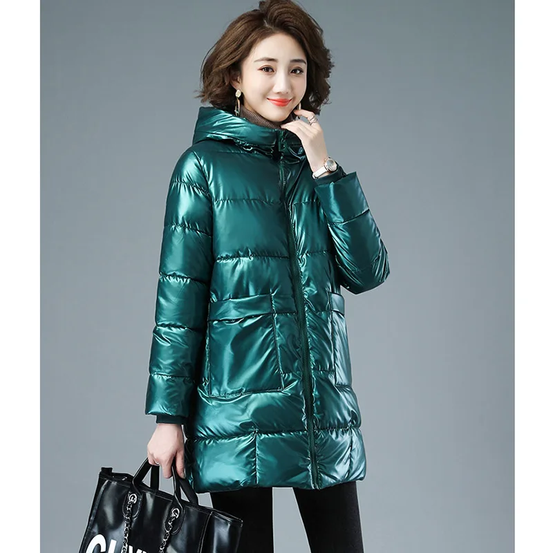 

Parka Down Cotton Jacket Women New Winter Bright Surface Coat Hooded Vintage Thicken Warm Cotton Parkas Outerwear Lady clothing