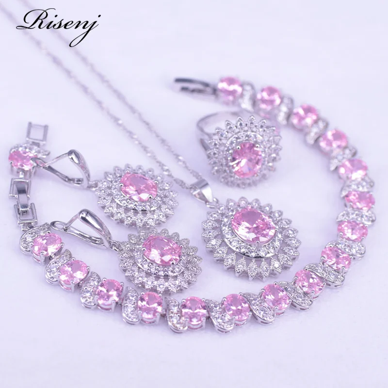 Romantic Present Pink Zircon 925 Sterling Silver Jewelry Set For Women Bridal Jewelry Set Earrings Ring Necklace Bracelet Set