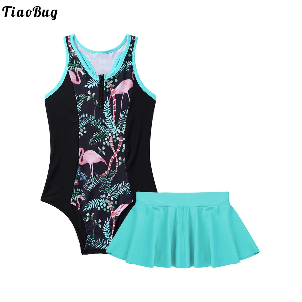 

TiaoBug Summer 2Pcs Kids Girls Swimsuit Round Neck Sleeveless Racer Back Keyhole Back One-Piece Swimming Jumpsuit And Skirt Set