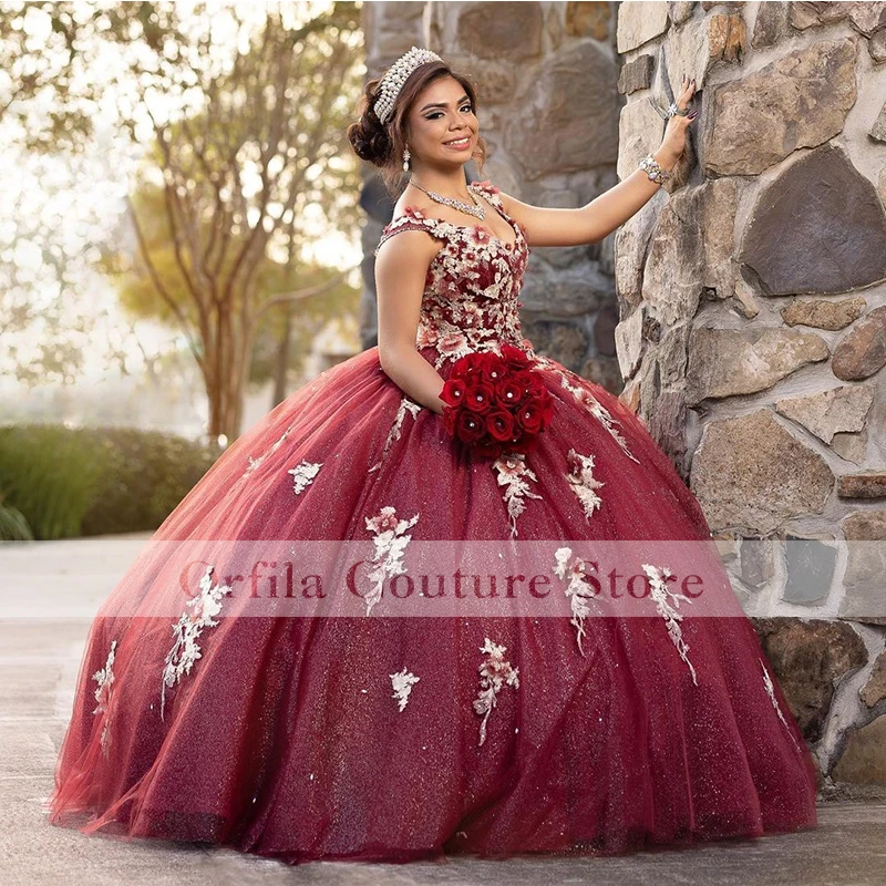 Vestido De princesa De quinceañera con apliques De encaje, ropa De fiesta, 16, 15 Años, Borgoña, 2022