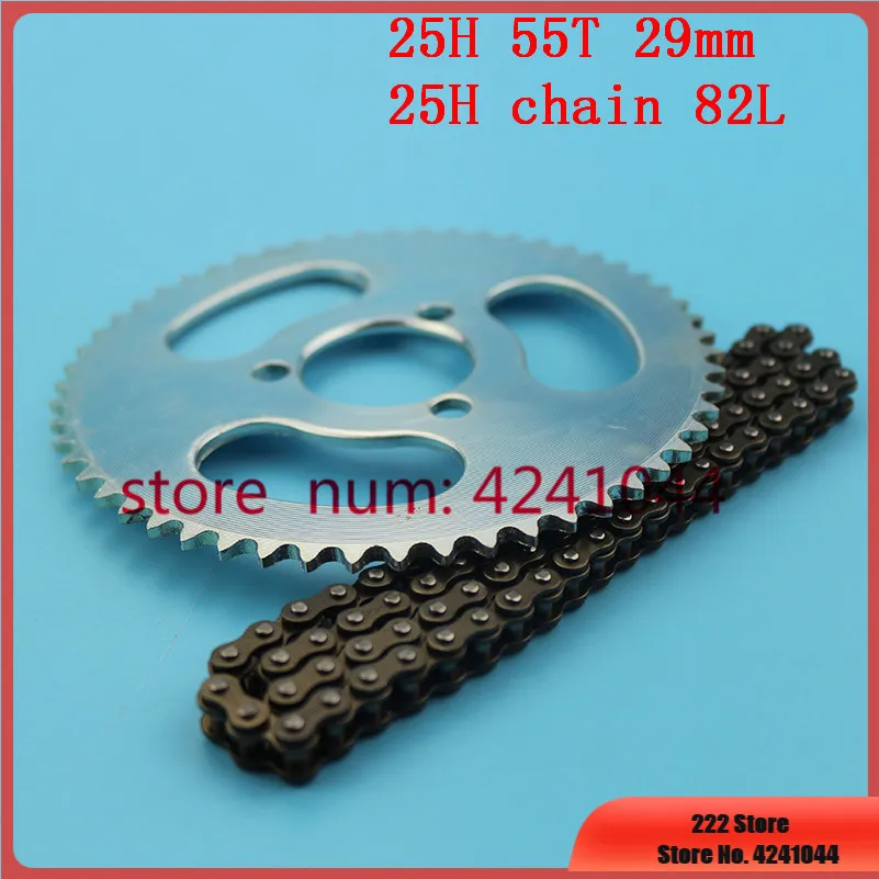 Sincronismo e roda dentada traseira para Mini Moto bicicleta do bolso, 25H Cadeia, 82 Links, 55T dentes, 29mm para 47cc 49cc 2 tempos, JH70 JH90
