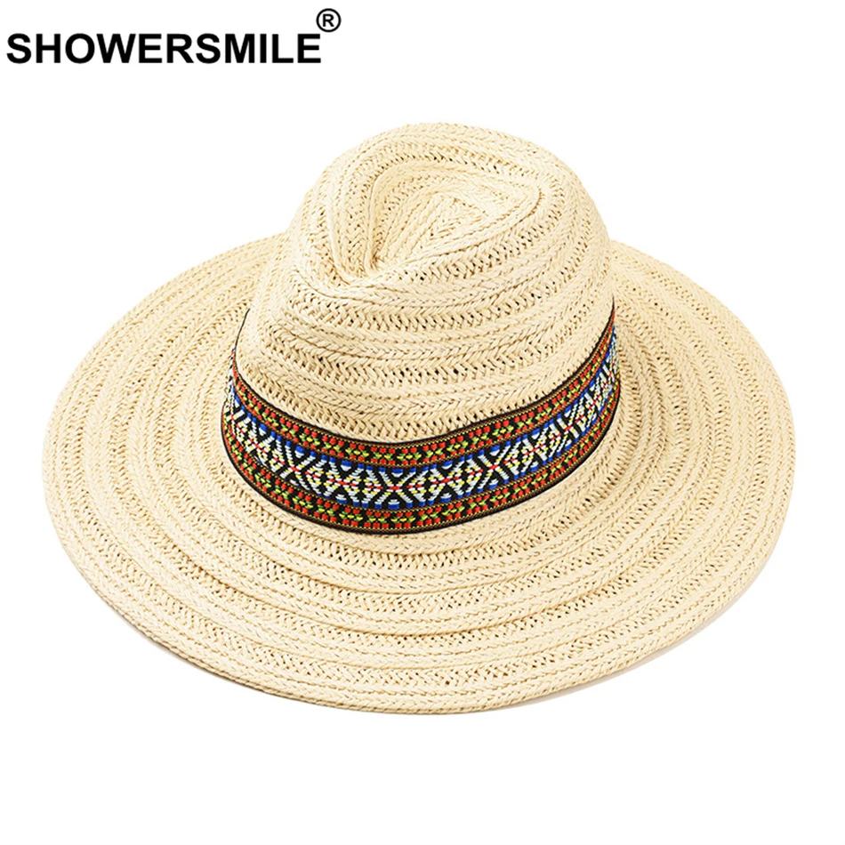 SHOWERSMILE Handmade Hats Women Sun Straw Hat Men Fedora Khaki Ethnic Breathable Outdoor UV Protection Jazz Sunshade Hat Unisex