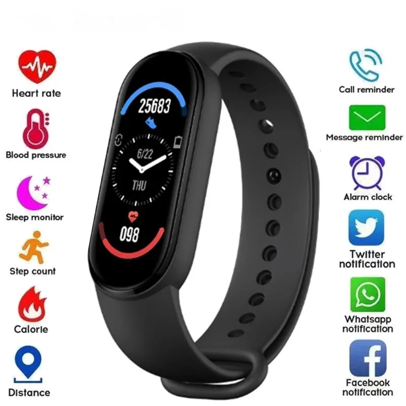 Pulsera inteligente M6 Unisex, reloj de pulsera deportivo resistente al agua con control del ritmo cardíaco y del sueño, pantalla táctil dinámica