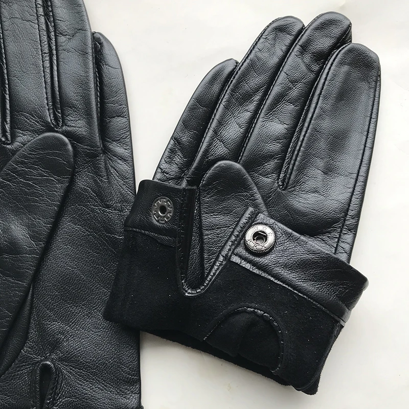 Unlined Gloves Wrist Button Sheep Leather Touch Screen Winter Gloves For Men Black Thin Lining Genuine Leather