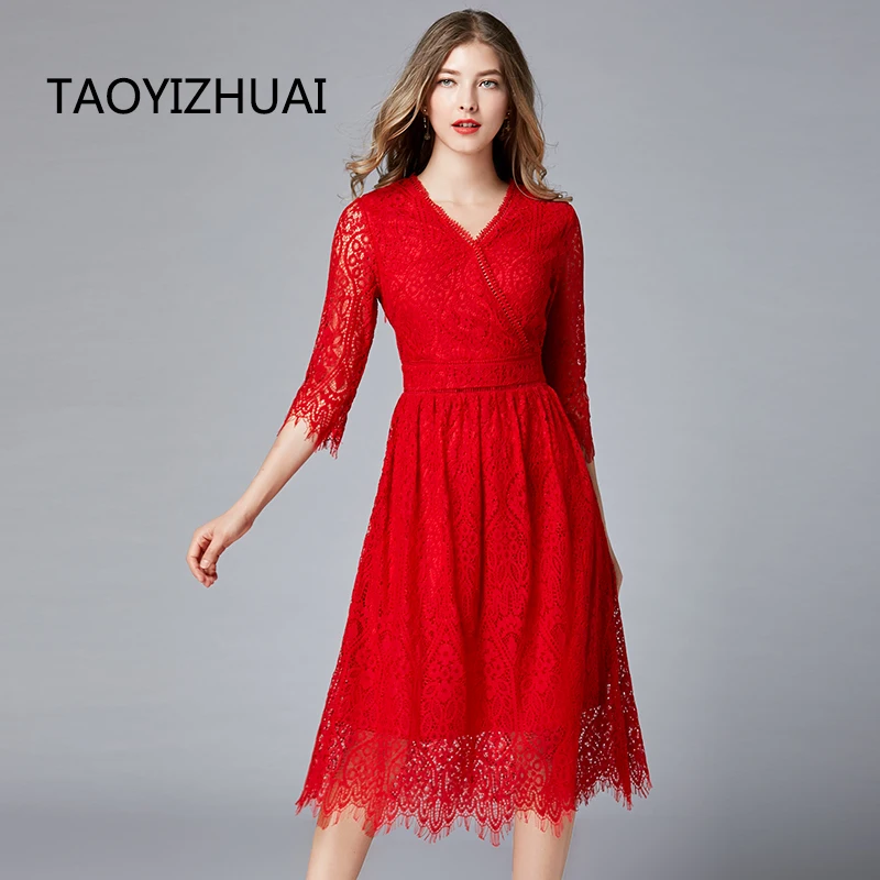 Plus size V-neck dresses for women Spring and autumn new versatile sexy festive lace fashion brand a line dress