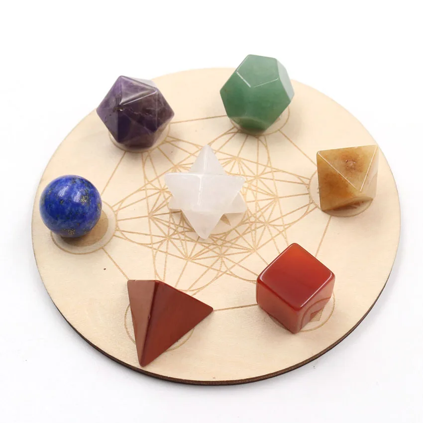 

XSM 7 Chakra Healing Crystals Sacred Geometry Platonic Solids + Seven Star Array Wood Plate Merkaba Set for Meditation