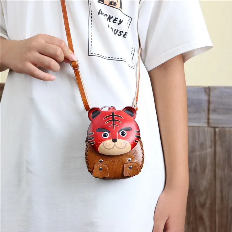 Vegetable Tanned Cowhide Cartoon Tiger Coin Purse Car Key Bag Children'S Messenger Bag Small Gift