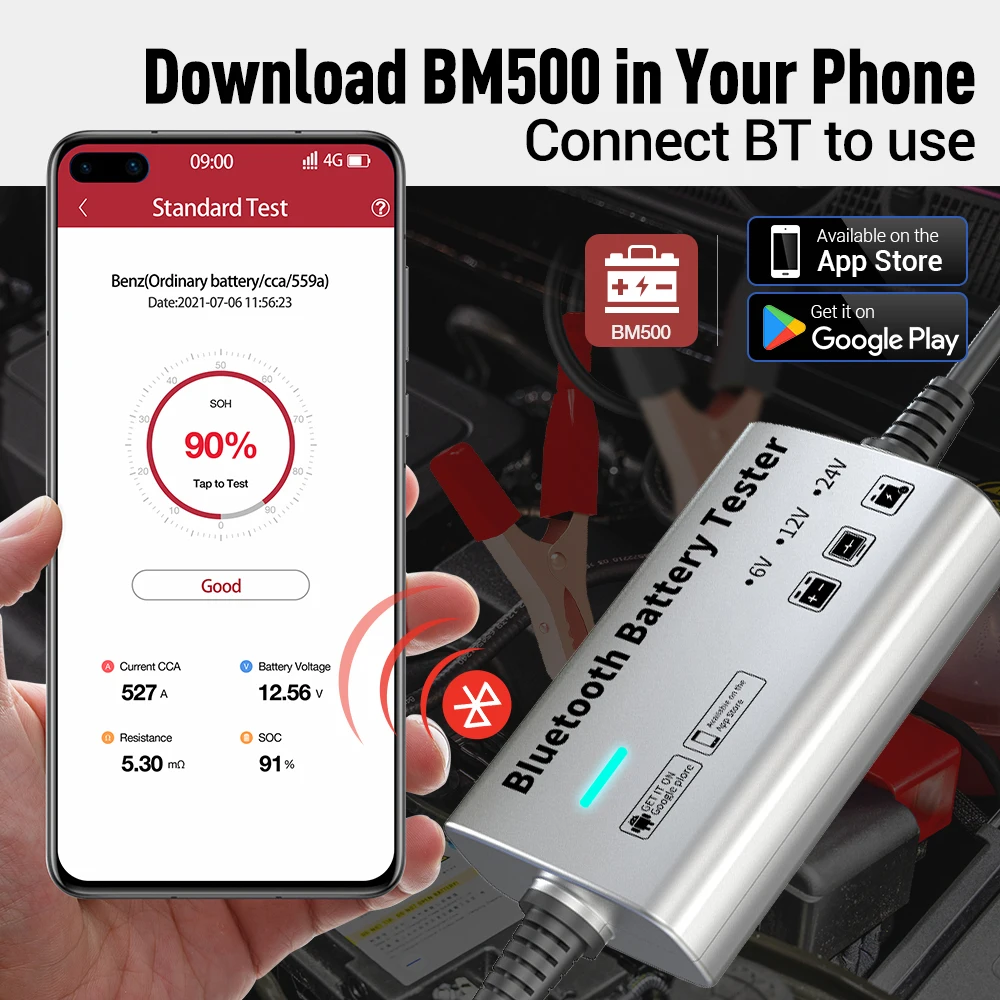 Kingbolen BM500 Wirless BT Battery Tester for 6V Motorcycle 12V Car Battery Tester 24V Truck Scanner Cranking Test Battery Tool