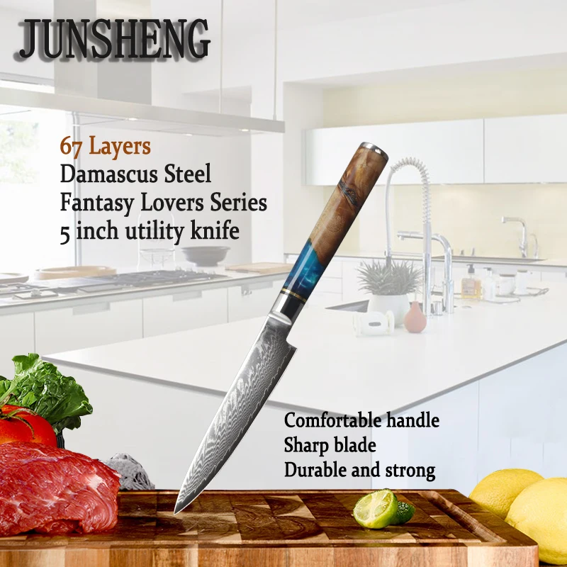 JUNSHENG 5-inch multi-function kitchen knife utility knife 67 layers Damascus steel blade resin + wooden handle chef knife