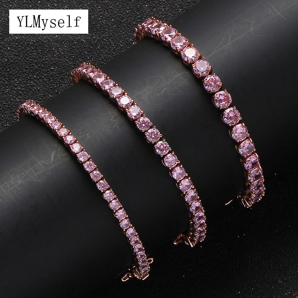 7/8 Inch 3mm Pink Round Zircon Tennis Bracelet Brass Metal By RoseGold Trendy Jewelry Hip Hop Rock Wrist Chain For Women