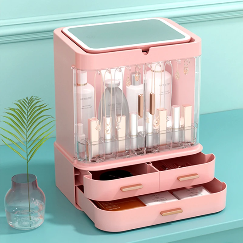 

NewType Cosmetic Storage Box, Desktop Makeup Storage Box With Mirror Led Lamp, Dustproof Drawer Type Cosmetic Storage Box