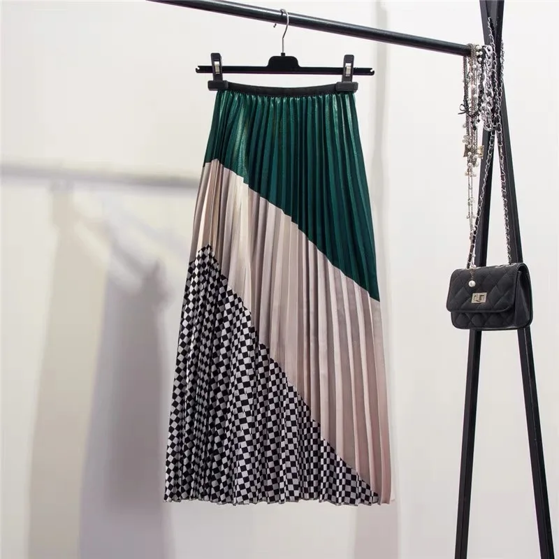 Marwin 2019 Spring New-Coming Europen Color Matching Plaid  Pleated skirt High Street Style Mid-Calf Empire Striped Women Skirts