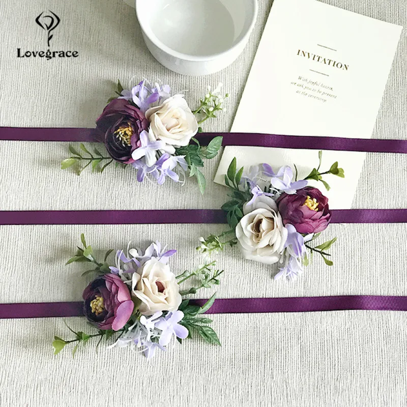 Purple Rose Wedding Silk Flower Groom Boutonniere Fake Flower Wrist Corsage Bracelet Boutonniere Wedding Corsage Brooch Flowers