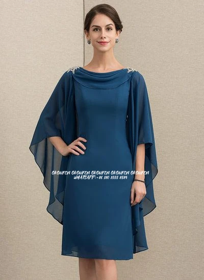 

Teal Mother Of The Bride Dresses with Capelet Bat Sleeves Chiffon Short Wedding Guest Gown Hunter Green Peacock Groom Mother