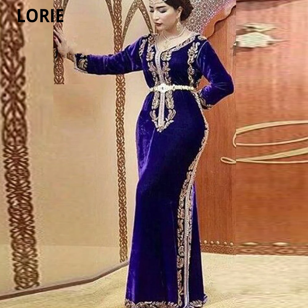 LORIE Royal Blue Moroccan Kaftan Muslim Evening Dresses Formal Velvet Gold Lace Mermaid Long Sleeves Formal Dubai Party Gowns