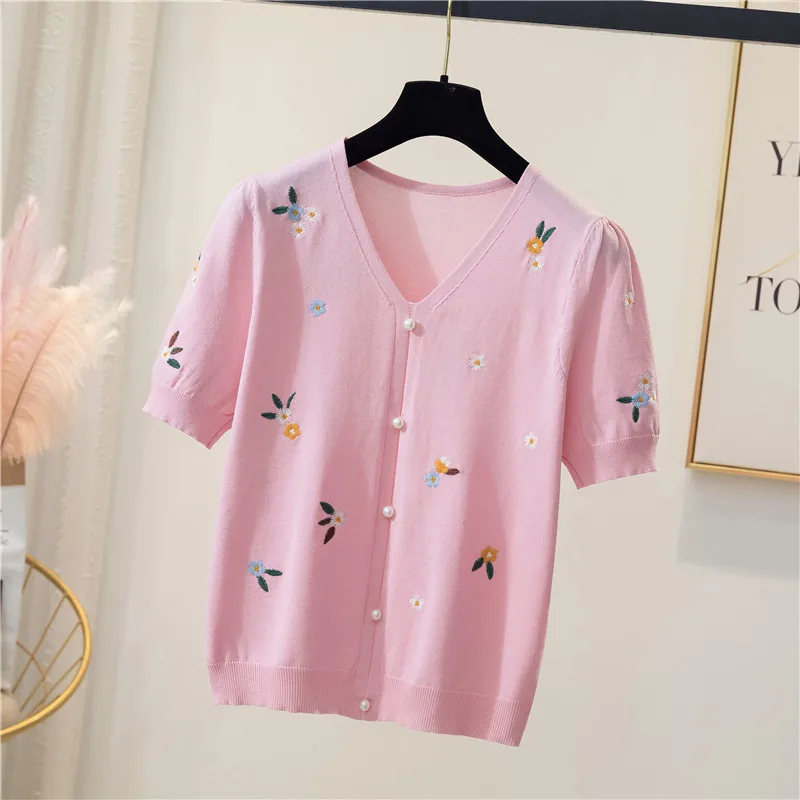 2021 Summer Sweet Flower Knit Sweater Fashion Pearl Beading Flower Thin Knitted Pullover Crop Top Femme V-neck Short Sleeve Top