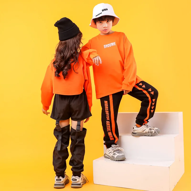 Kids Hip Hop Clothing Orange Sweatshirt T Shirt Top Crop Hollow Causal Pants For Girl Boys Jazz Dance Costume Clothes Outfits