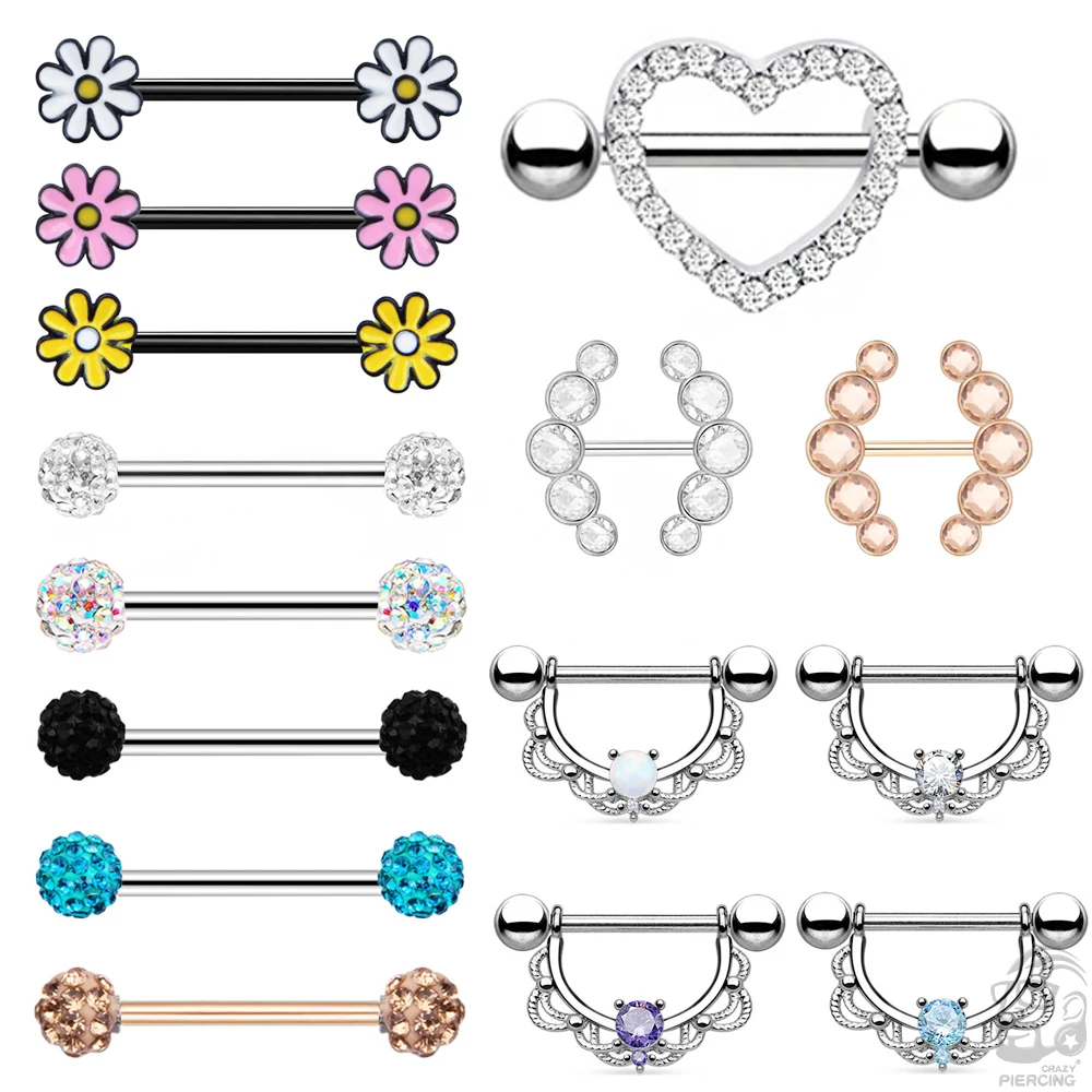 1 Pairs Sexy Heart Nipple Rings CZ Crystal Barbell Nipple Piercing Shield Women Man 316L Steel Body Piercing Jewelry Oreja 14G