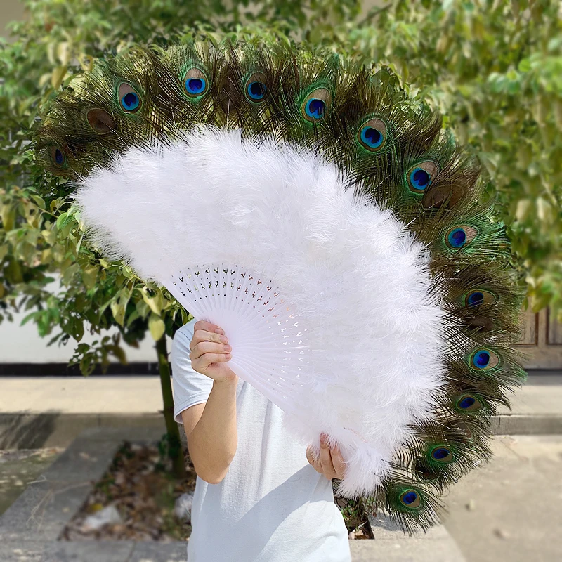 Feather Fan Foldable Handmade Hand Peacock Fans Palace Decorative Wedding Party Dance Props Abanico Christmas Party Decoration