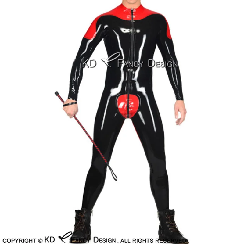 Sexy Latex Catsuit And Red Decoration On Shoulder Long Sleeves With Feet Socks Rubber Bodysuit Zentai Overall Body Suit LTY-0163