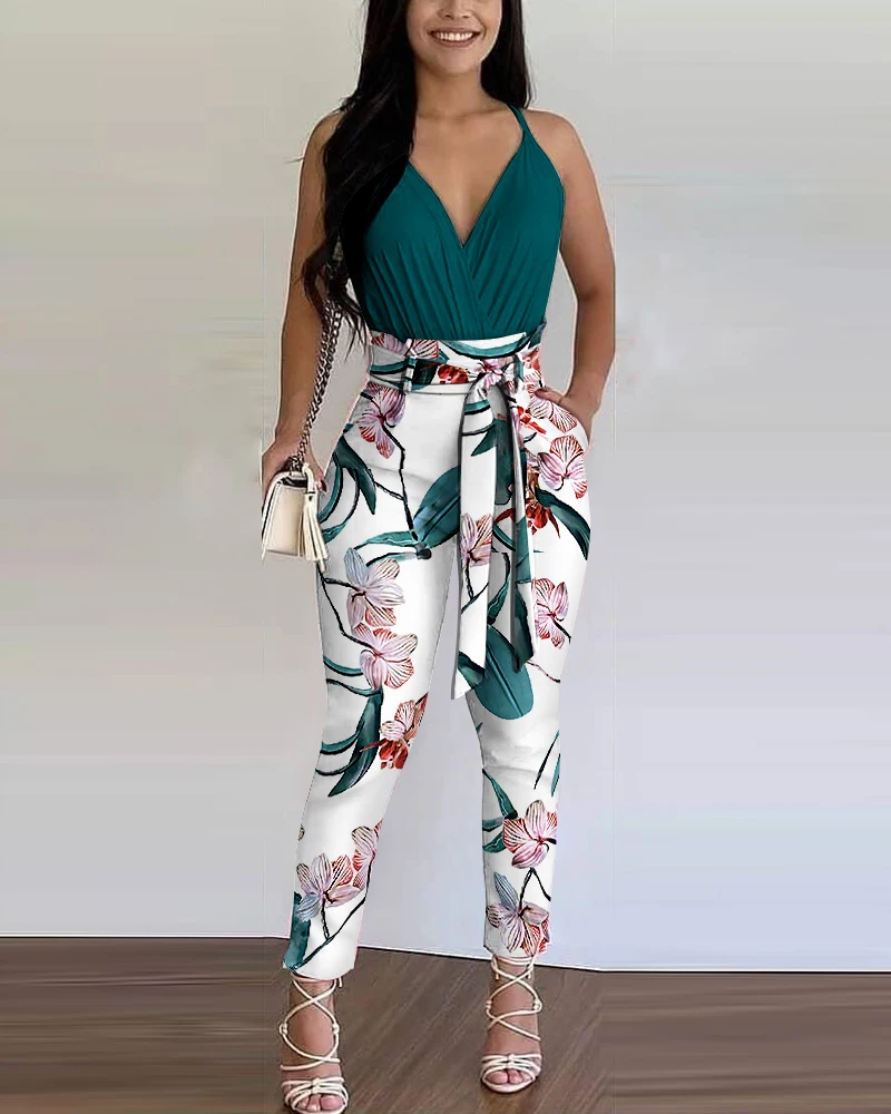 Summer Women 2 Pieces Plain Ruched Top & Floral Print Pants Colorblock Set With Belt 2023 Femme Casual Outfits y2k Overalls