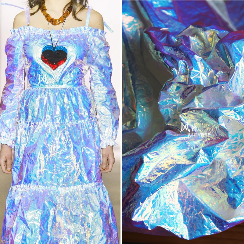 

Pleated Rainbow Reflective Fabric Candy Color Waterproof DIY Background Decor Patches Bags Stage Cosplay Clothes Designer Fabric