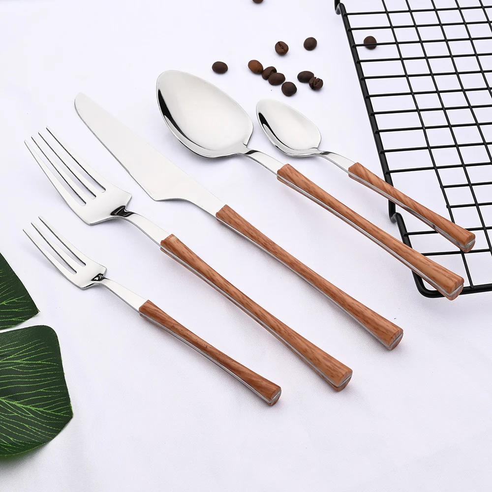 Dinner Silver Stainless Steel Imitation Wooden Handle Dinnerware Knife Coffee Spoon Tea Fork Cutlery Set Tableware Flatware