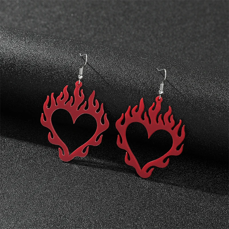 Heart Red Love Flame Earrings Acrylic Female Temperament Peripheral Hollow Hip Hop Jewelry Party Accessories Christmas Gifts