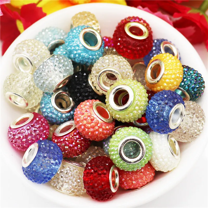 10Pcs Matte Color Rondelle Resin Acrylic Beads Large Hole Silver Plated For DIY Pandora Bracelets Bangle Jewelry Making 15x10mm