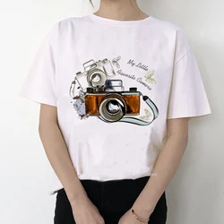 Retro Camera T-Shirt Female Watercolor Flowers Camera Printed Vintage Tee Shirt Femme White T Shirt Graphic Tshirt Tops Clothes