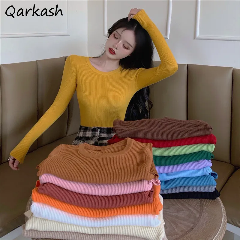 Pullovers Women Simple O-neck Slim Fashion Street Style Spring Fall Inside Lady Sweater Chic Hot Sale Knitting Aesthetic Elegant