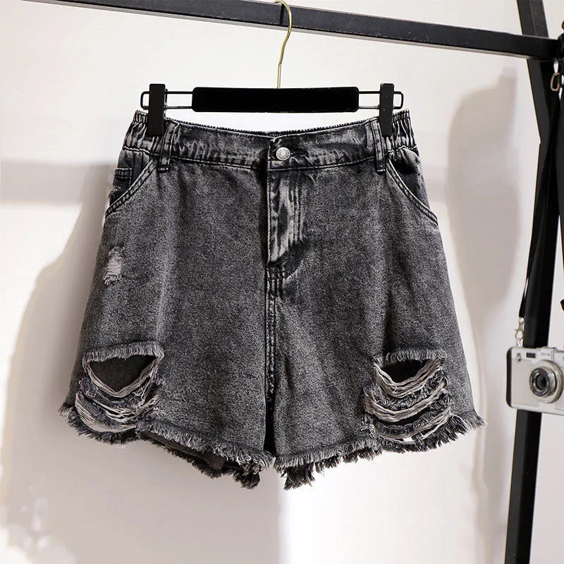 150Kg Plus Size Women\'s Hip 155 Summer Fur Edge Wide Leg Denim Shorts Loose A-Line Pants Gray 5XL 6XL 7XL 8XL 9XL