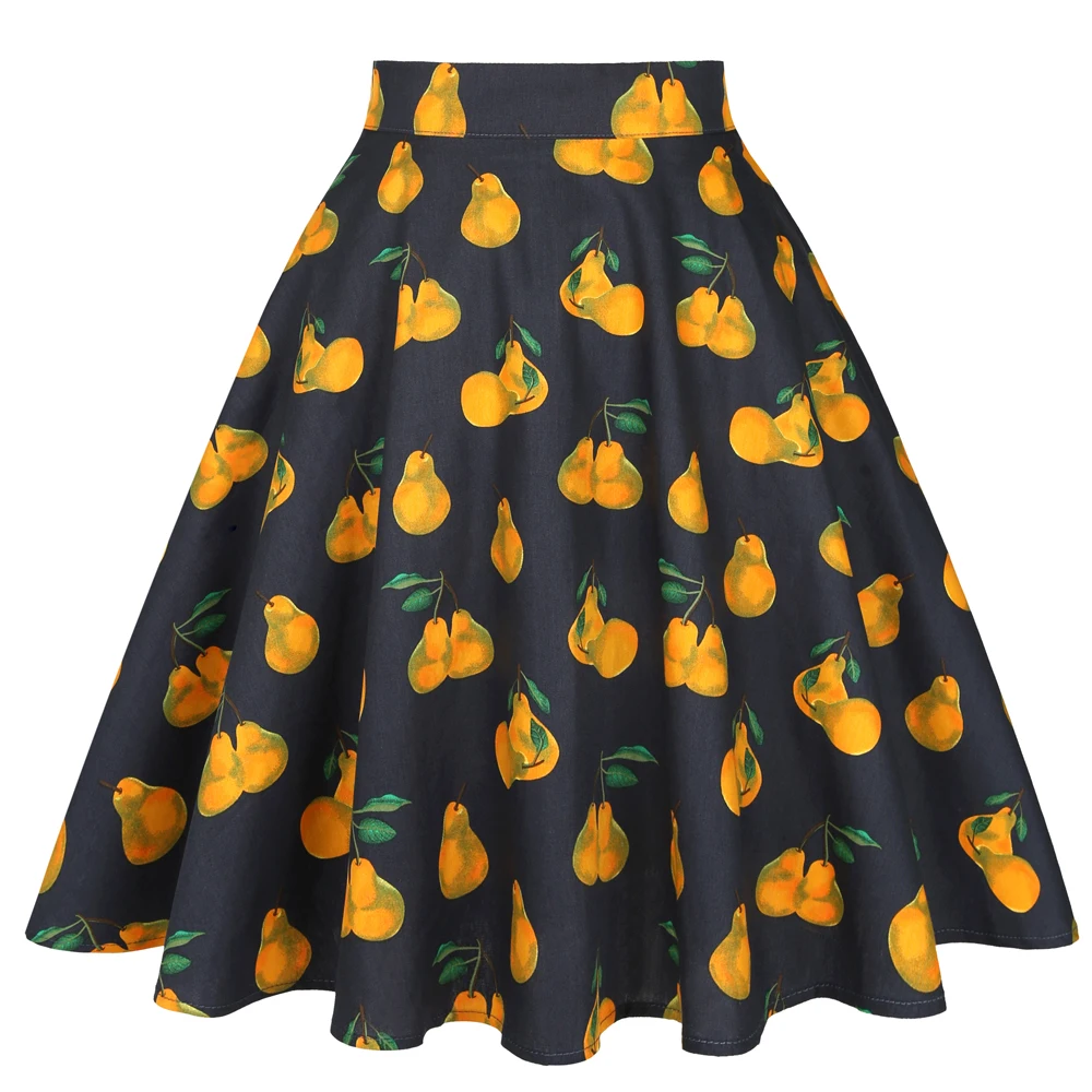 

2021 New cotton skirt new ladies fruit gray pears print retro vintage short women's high waist summer skirts