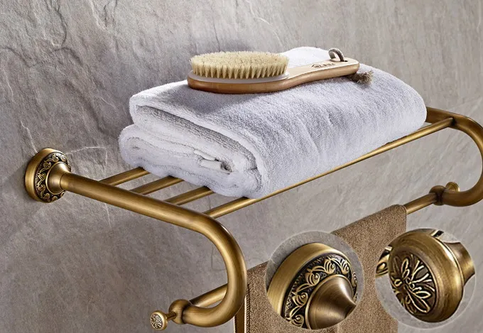 Bathroom Accessories Set Towel Rack Clothes Hooks Soap Dish Toothbrush Cups Toilet Paper Holder Carved Retro Brass Hardware Kit