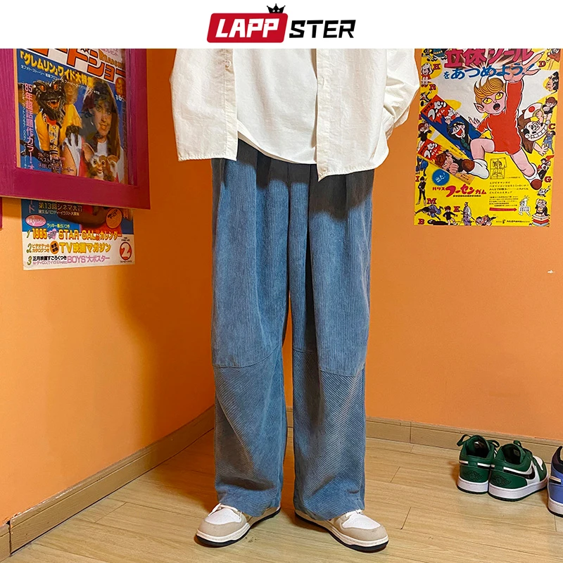 

LAPPSTER Men Corduroy Wide Leg Harajuku Joggers Pants 2023 Mens Japanese Streetwear Baggy Jogegrs Pants Man Solid Casual Trouser