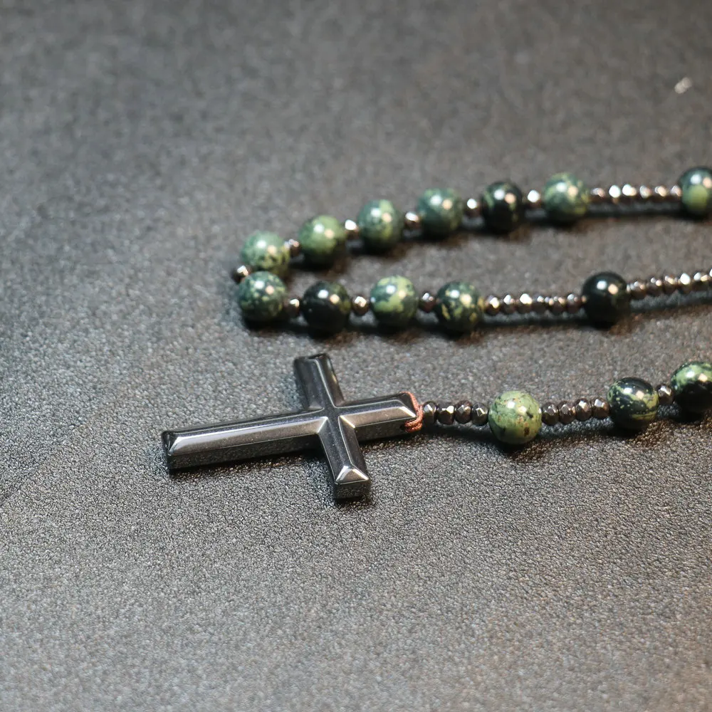 Trendy Crosses Pendant Necklace Catholic Christ Rosary Necklaces For Men Women 8mm Polar Jade Stone Beaded Meditation Necklace