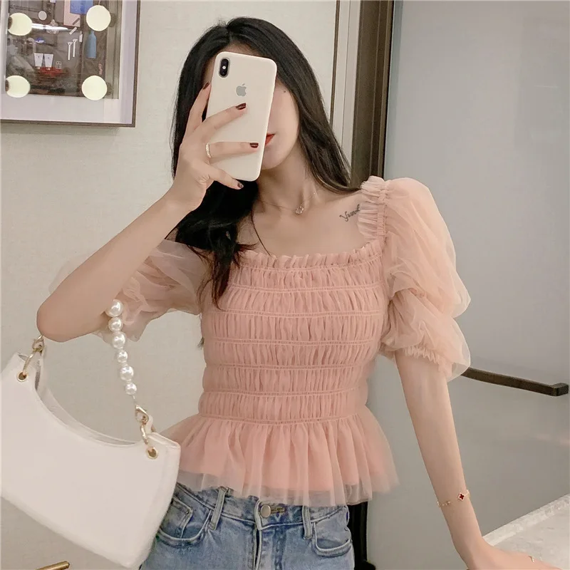 Zomer Mesh Blouses Vrouwen Zoete Bladerdeeg Mouw Gaas Blouses Dames Elegant Shirt Tops Vierkante Hals Ruffle Ruches Chiffon Roze Top