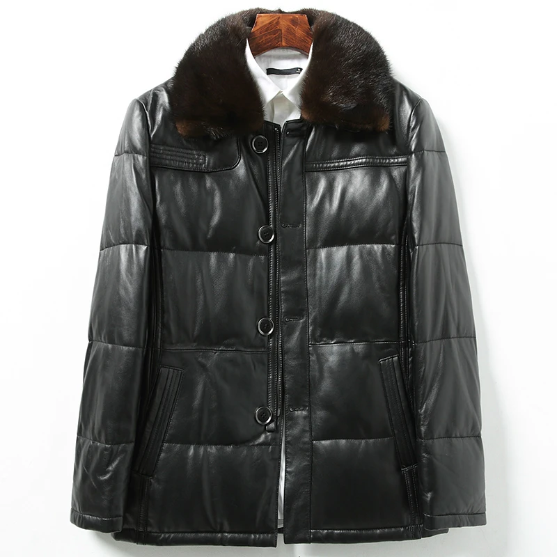 Real Leather Jacket Men Parka Real Mink Fur Cllar Down Sheepskin Coat Men Winter Warm Genuine Leather Outwear LWL1475