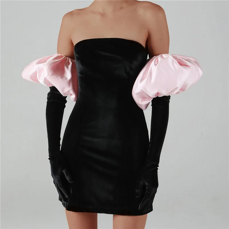 

BKLD Dress With Gloves 2024 Winter New Women Clothing Fashion Puff Sleeve Sexy Off The Shoulder Strapless Bodycon Dress Black