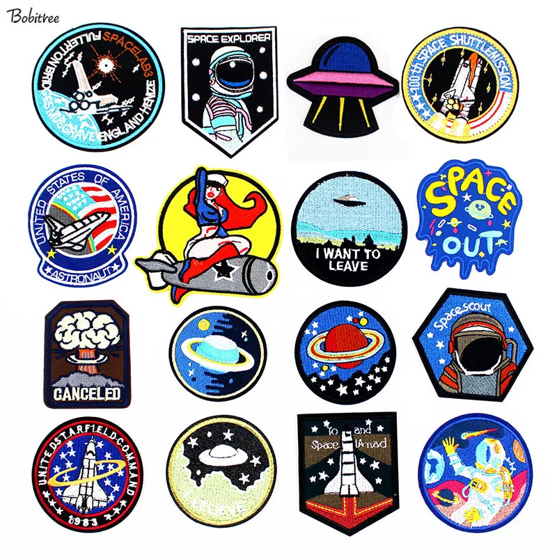 Spaceship Astronaut Rocket Iron Patches Badges Embroidery Fashion Cool Space Applique for Kids Clothes Decoration