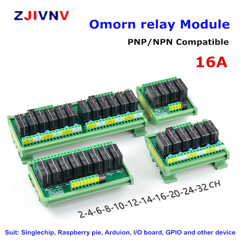 

8 channels DIN Rail Mount 16A Power Relay Interface Module 1 NO+1 NC with G2RL-1-E DC12v/24V Relay PNP NPN compatible