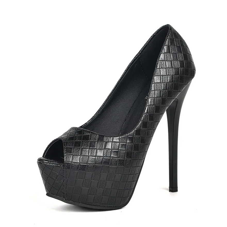 2024 New Peep Toe Fashion Woven Plaid Women Pumps Black Silver PU Leather Platform Office Stiletto tacchi alti scarpe da festa da donna