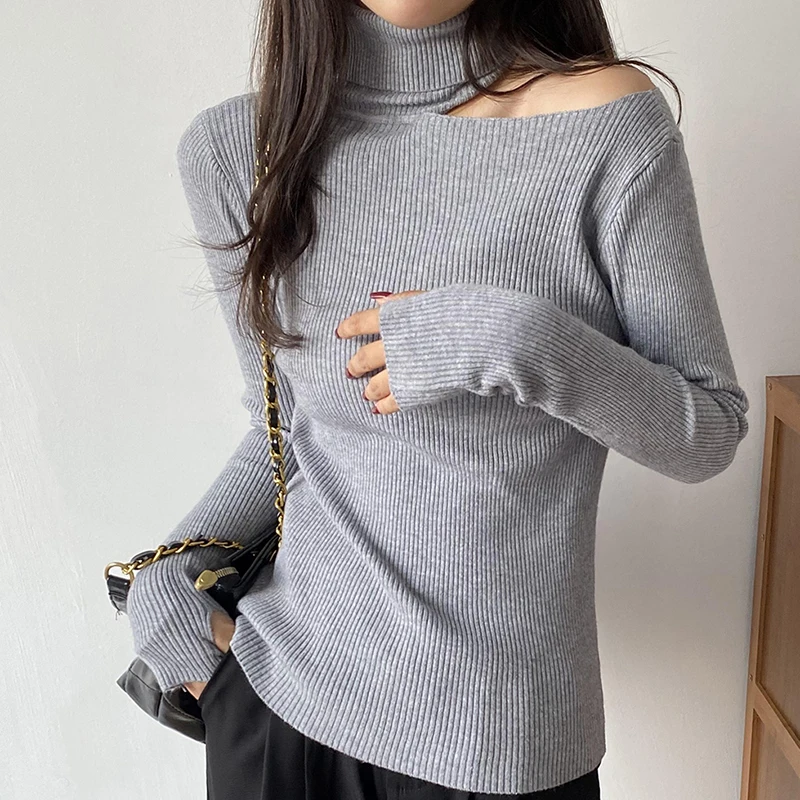 Pull Femme Autumn Off Shoulder Turtleneck Knitted Sweaters Female Black Pullovers Women Korean Clothes Winter Long Sleeve Tops