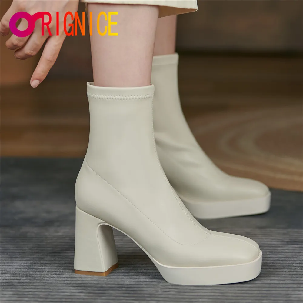 

Orignice 2021 New Black Platform Women All Match Shoes Good Quality Leather Thick Bottom Ankle Boots Fashion Square Toe Zipper