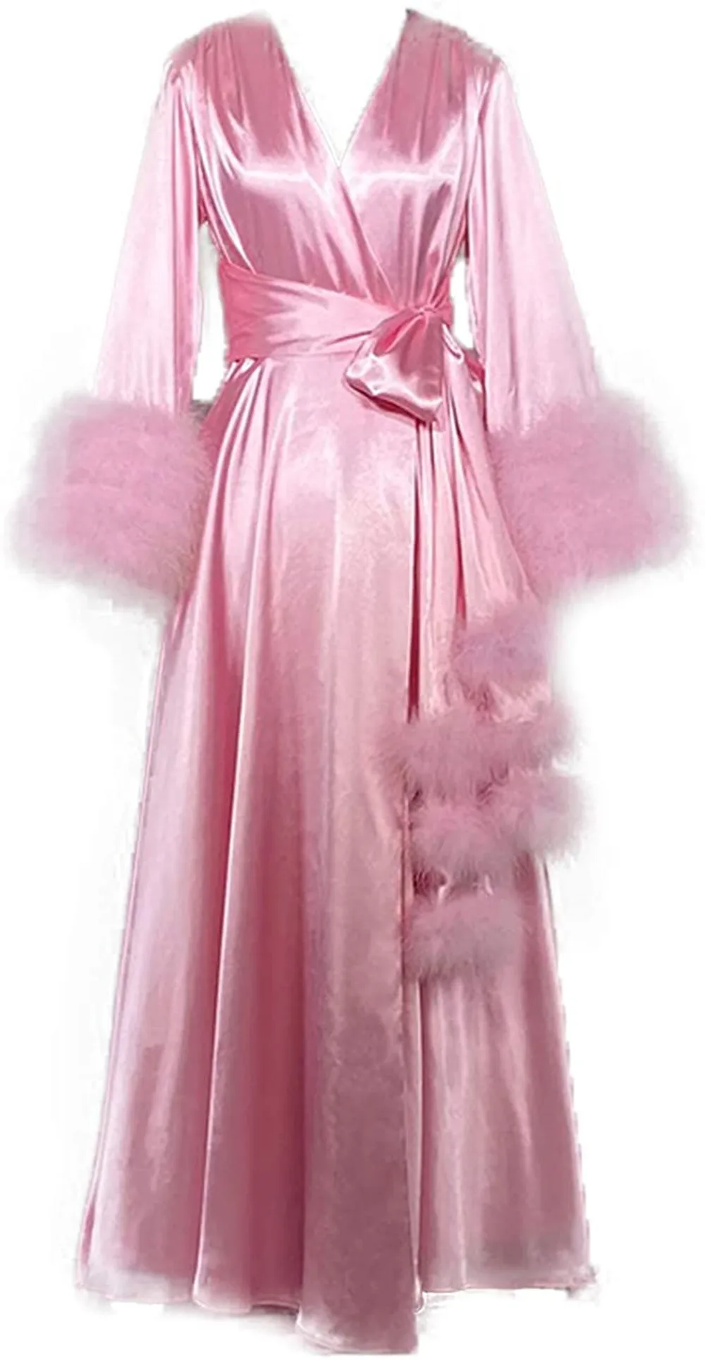 Ladies Pink Dressing Gown Robe Elastic Silk Satin Feather Bridal Robes Dessous Fotografie Bridal Maternity Photo Shoot Bathrobe