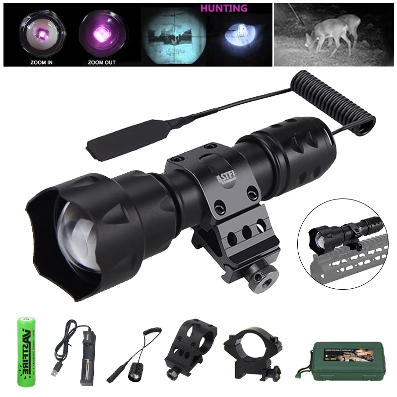 200 Yards  IR Flashlight 940nm Night Vision Zoomable Torch Outdoor LED Tactical Hunting Torch+18650+Charger+Mount+Switch+Box