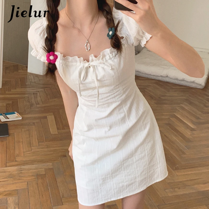 Jielur Puff Sleeve Slash Neck Mini Dress Female A-line White Casual Dresses Women Solid Colour Dresses for Women Summer S-L