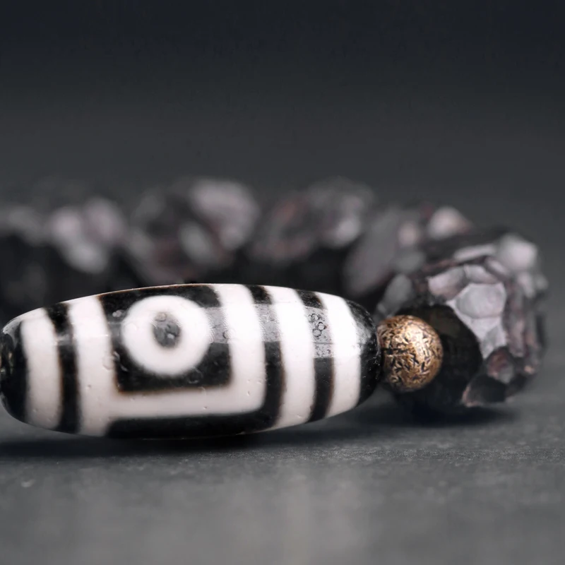 Hand Carved Hammered Ebony Bracelet Tibetan Buddhism Dzi Bead Prayer Good Relationship Amulet Protection Jewlery for Men Women