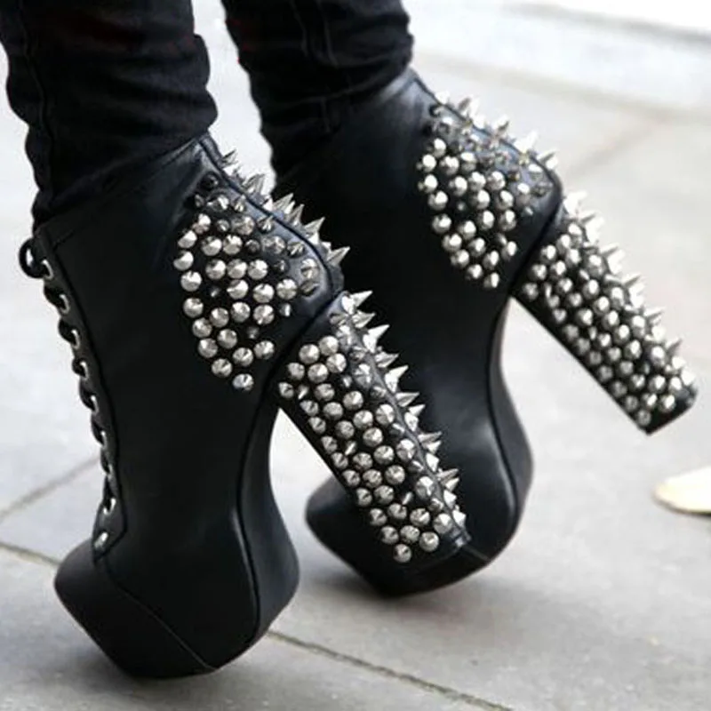 Sexy Punk Women Spiky Metal Rivets Studs Chunky High Heel Ankle Boots Platform Ladies Stage Spikes Cover Lace up Short Bottines