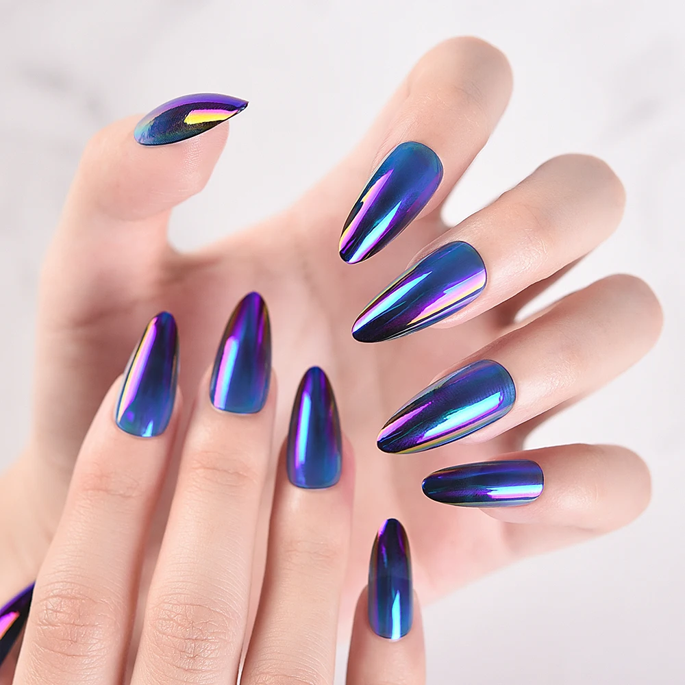 24Pcs/Box Holographic Blue Nail Tips Wearable Fake Nails Full Cover Press On Nails with Press Glue DIY Manicure Nail Supplies